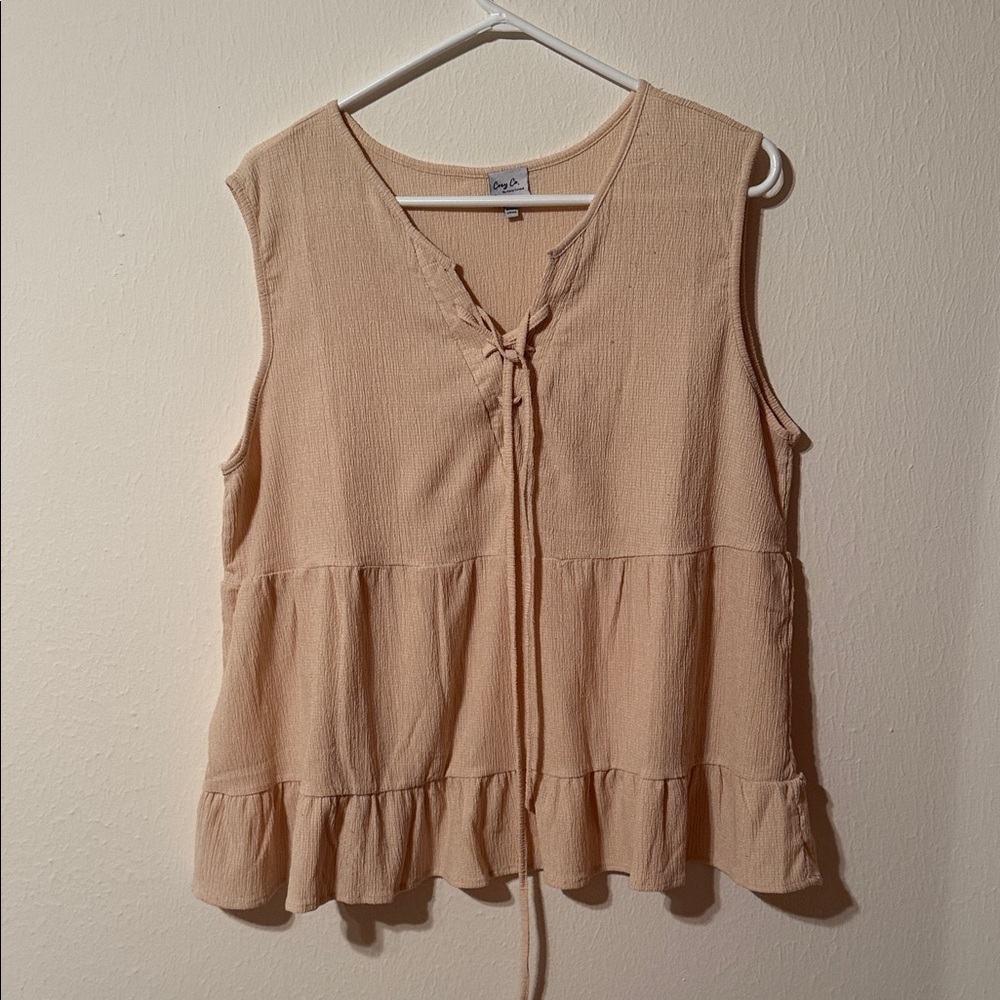 Cozy Casual Tan Sleeveless Blouse with Tie-Front